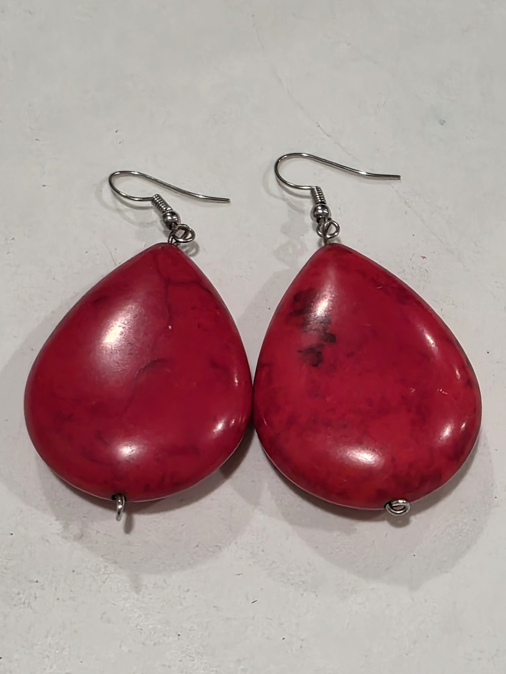 Vintage Howlite/Natural Stone, Extra Large Red Teardrop Earrings